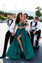 Oberschenkel-Hoch Geschlitzt Ärmellos Satin A-Linie Tiefer V-Ausschnitt Abendkleid - Seite 3