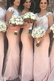 Natürliche Taille Reißverschluss Stickerei Lange Schulterfrei Etui Brautjungfernkleid