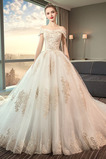 Royal Schleppe Kurze Ärmel Spitzen-Overlay A-Linie Brautkleid