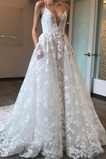 Brautkleid A-Linie Sexy Natürliche Taille Spitze V-Ausschnitt