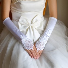 Fingerlose Bördeln Lange Weiß Vintage Elastischer Satin Hochzeit Handschuhe