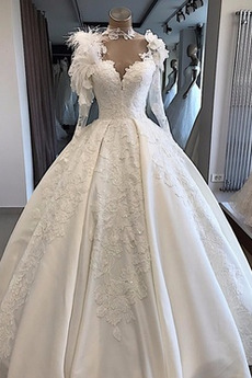 Brautkleid Satin Formell Jahr 2019 Sittsame Durchsichtige Ärmel