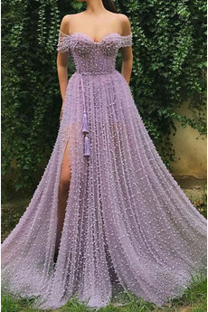 Ballkleid Tüll Perle Frühling Natürliche Taille Sexy Schulterfrei