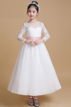 Natürliche Taille 3/4 Länge Ärmel Reißverschluss Mittelgröße Blumenmädchenkleid