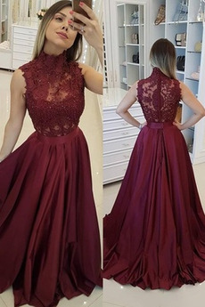 Hoher Kragen Das ewige Applike Spitzen-Overlay Ärmellos Lange Ballkleid