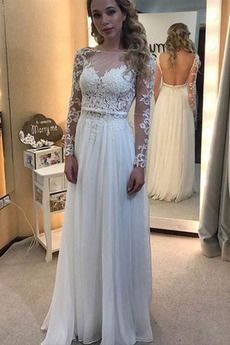 Bateau Lange Ärmel Jahr 2019 Umgedrehtes Dreieck Chiffon Brautkleid