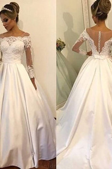 Brautkleid Kirche Formell Satin Durchsichtige Ärmel Lange Natürliche Taille