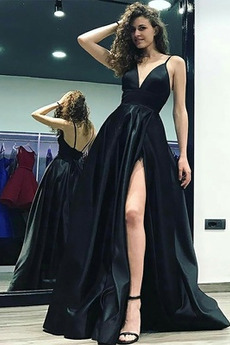 Natürliche Taille Satin Bodenlang Ärmellos V-Ausschnitt Sexy Abendkleid