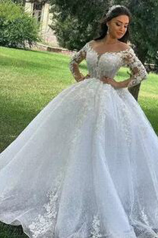 Brautkleid A-Linie Lange Ärmel Durchsichtige Ärmel Kirche Natürliche Taille