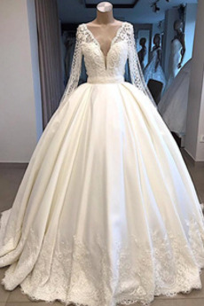 Brautkleid Jahr 2019 Satin Luxus Applike Natürliche Taille Sweep Zug