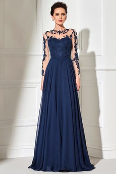 Durchsichtige Rücken Bateau Knopf Lange Ärmel Elegant Chiffon Abendkleid