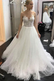 Brautkleid Strand edel Applike Bateau A-Linie Durchsichtige Rücken