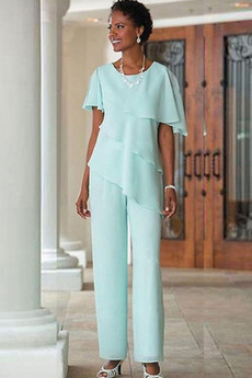 Mehrschichtige Rüsche Kurze Ärmel Chiffon Umgedrehtes Dreieck Schaufel Hosenanzug Kleid