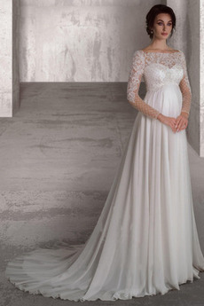 Brautkleid Strand Lange Empire Taille Sommer Halbe Ärmel Bateau