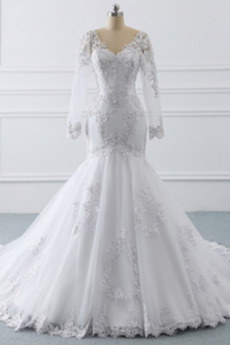 Brautkleid Tüll Natürliche Taille V-Ausschnitt Mittelgröße Lange Ärmel