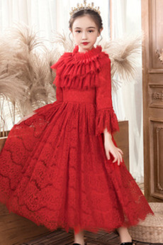 Blumenmädchenkleid Winter Puffärmel Knöchellang Mittelgröße sieben Ärmellänge