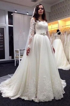 Natürliche Taille A-Linie Lange Spitze Halle Jahr 2019 Brautkleid