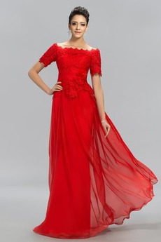 Spitze Bateau A-Linie Winter Kurze Ärmel Spitze Abendkleid