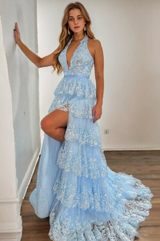 Abendkleid Rückenfrei Natürliche Taille Applike A-Linie Sweep Zug