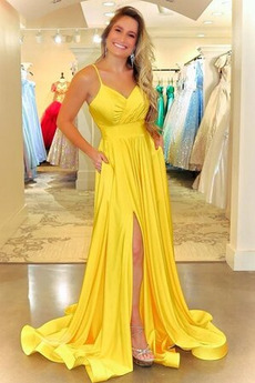 Abendkleid Satin Spaghettiträger A-Linie Ärmellos Vorne Geschlitzt