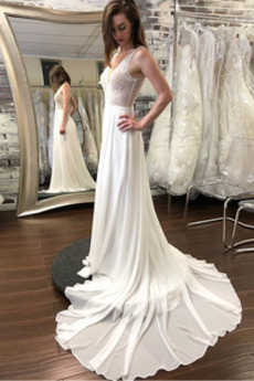 Brautkleid Schlicht Strand Tiefer V-Ausschnitt Sommer Natürliche Taille