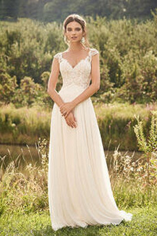 Brautkleid Chiffon Ärmellos Strand Natürliche Taille Sommer V-Ausschnitt