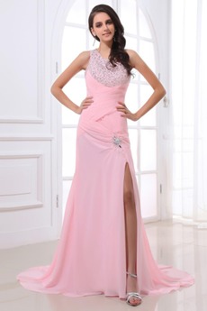 Pailletten Mieder Natürliche Taille Perlen Pink Chiffon Ballkleid