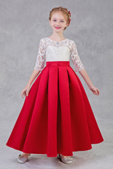 Spitze Durchsichtige Ärmel Juwel 3/4 Länge Ärmel Satin Blumenmädchenkleid