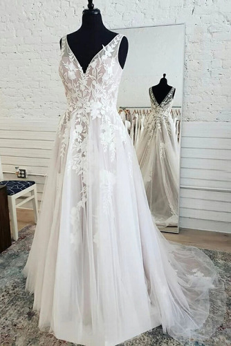 Brautkleid Tüll A-Linie Ärmellos Natürliche Taille Tiefer V-Ausschnitt - Seite 2