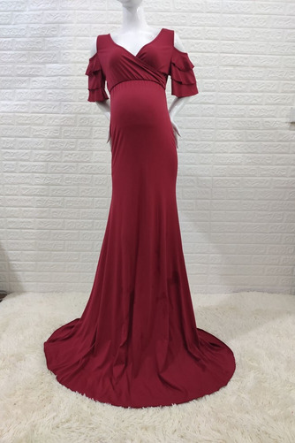 Abendkleid Lange Elastischer Satin Kurze Ärmel V-Ausschnitt Mehrschichtige Rüsche - Seite 7