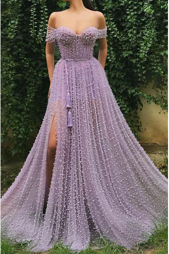 Ballkleid Tüll Perle Frühling Natürliche Taille Sexy Schulterfrei - Seite 1