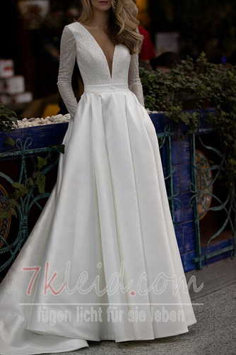 Brautkleid Satin Sweep Zug Halle Tiefer V-Ausschnitt Reißverschluss - Seite 1