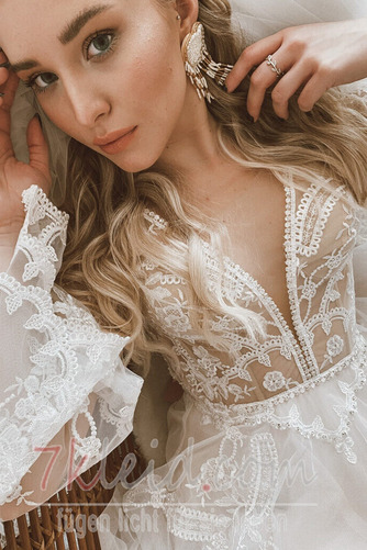 Brautkleid Lange Ärmel Drapierung Schick Tüll Lange Tiefer V-Ausschnitt - Seite 4