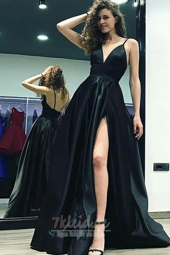 Natürliche Taille Satin Bodenlang Ärmellos V-Ausschnitt Sexy Abendkleid - Seite 1