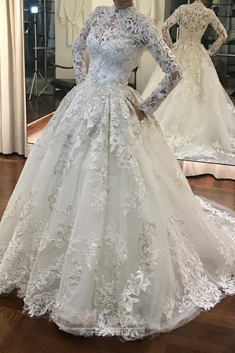 Brautkleid A-Linie Applike Natürliche Taille Lange Hoher Kragen - Seite 1