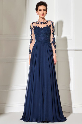 Durchsichtige Rücken Bateau Knopf Lange Ärmel Elegant Chiffon Abendkleid - Seite 1