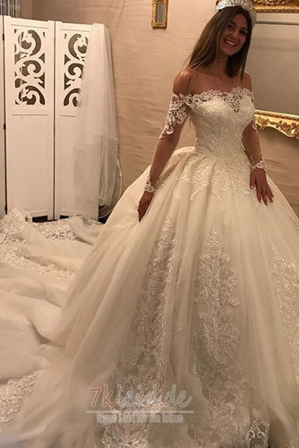 Natürliche Taille Schlüsselloch Rücken Spitzen-Overlay Lange Ärmel Brautkleid - Seite 1