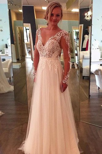 Brautkleid Tüll V-Ausschnitt Strand Spitzen-Overlay Reißverschluss - Seite 1