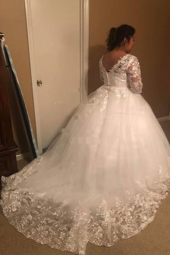 Mittelgröße Durchsichtige Ärmel Spitzen-Overlay Winter Halle Brautkleid - Seite 2