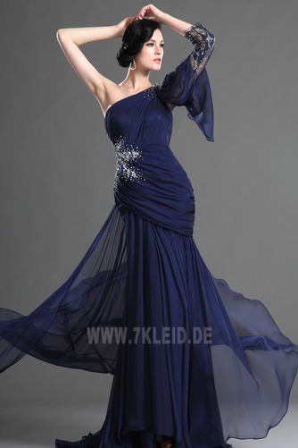 Sanduhrförmig Falte Mieder Tiefe Taille Marine Chiffon Abendkleid - Seite 3