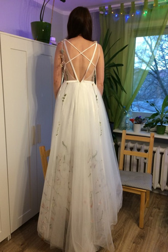 Brautkleid Tüll Natürliche Taille Sweep Zug Blume im Freien V-Ausschnitt - Seite 8