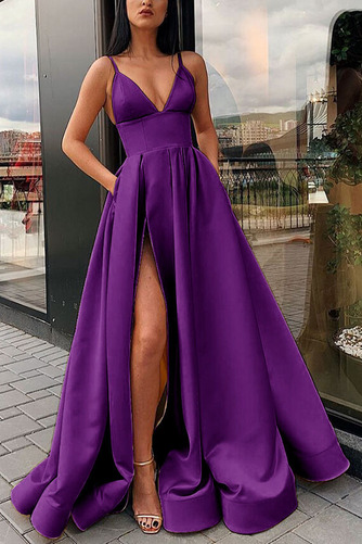 Abendkleid Frühling Bodenlang Schlicht Satin Tiefer V-Ausschnitt - Seite 11