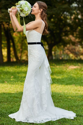 Bodenlang Schmetterlingsknoten Etui Ein Schulter Strand Brautkleid - Seite 3