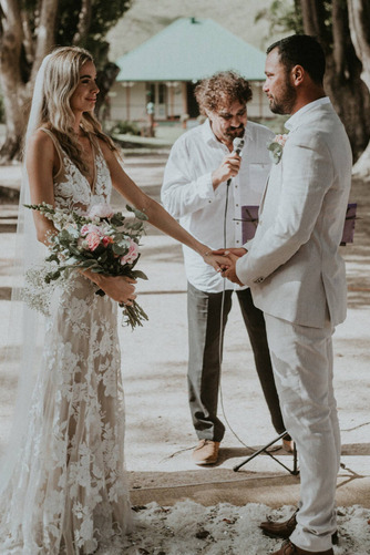 Brautkleid Rückenfrei Lange Applike Ärmellos Birneförmig Romantisch - Seite 8