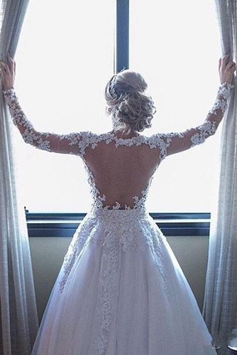 Brautkleid Tüll Bördeln A-Linie Durchsichtige Ärmel Natürliche Taille - Seite 3