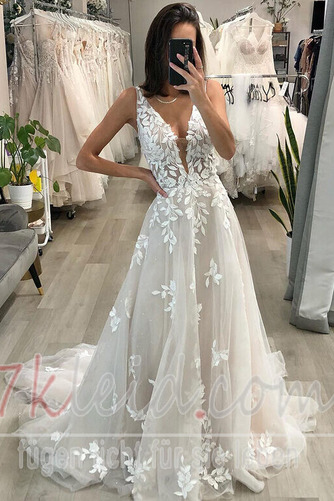 Brautkleid Strand Luxus Tiefer V-Ausschnitt Sommer Tüll Lange - Seite 1