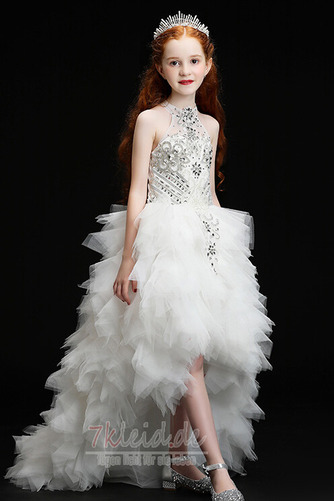 Blumenmädchenkleid Tüll Natürliche Taille Ärmellos Asymmetrisch Bördeln - Seite 5
