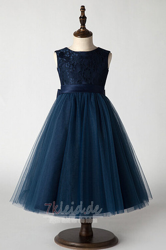 Wadenlang Natürliche Taille Elegant A-Linie Spitze Juwel Blumenmädchenkleid - Seite 4