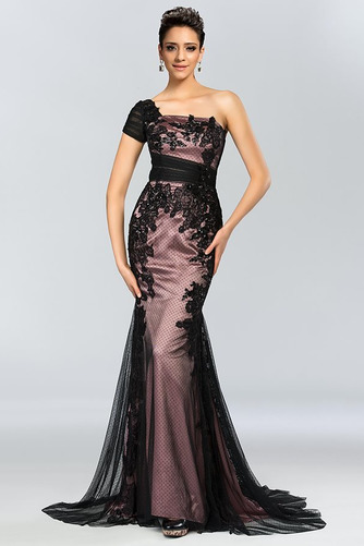 Spitzen-Overlay Natürliche Taille Elegant Asymmetrische Ärmel Abendkleid - Seite 1