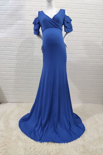 Abendkleid Lange Elastischer Satin Kurze Ärmel V-Ausschnitt Mehrschichtige Rüsche - Seite 8